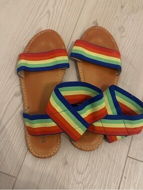 BAMBOO Rainbow Strap Tan Slide Sandals